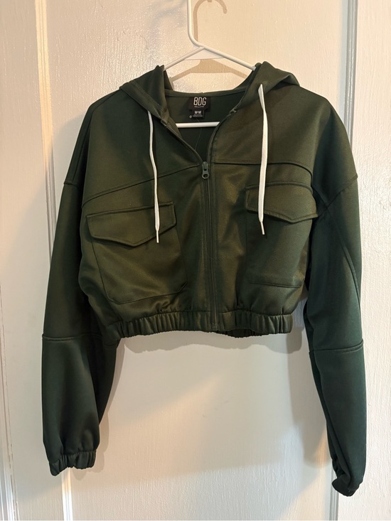 BDG Tops - BDG Dark Olive Cropped Bomber Hoodie Jacket